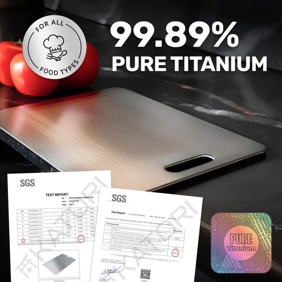SGS test certificate showing 99.89% titanium purity, with the product's authenticity seal